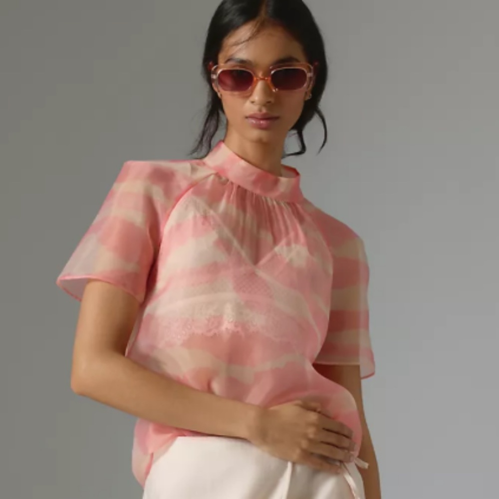 Brand New DANIEL RAINN MOCK-NECK SHORT-SLEEVE BLOUSE